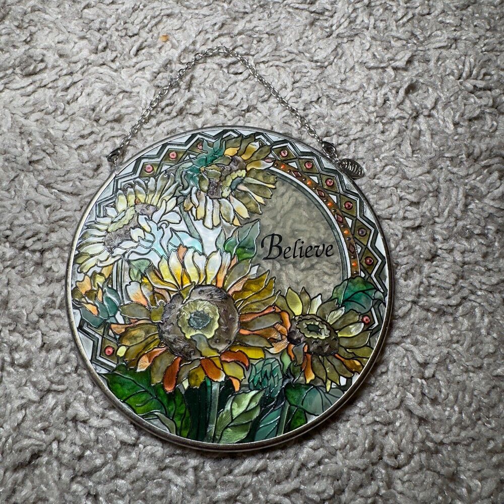 Stained Glass Believe Sun Flowers Round Sun Catcher Hanging Art 4.5" Colorful